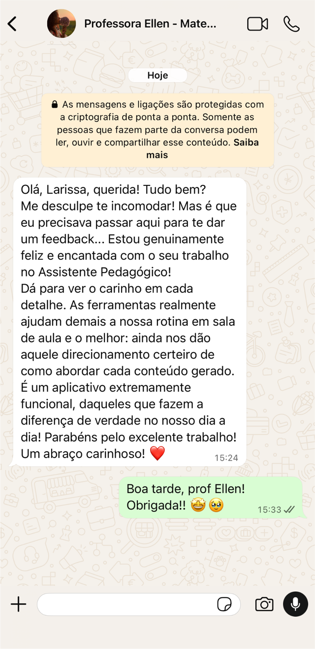Print de WhatsApp da Professora Ellen elogiando o app